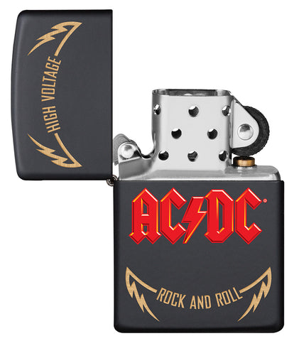 Zippo Feuerzeug AC/DC® Frontansicht geöffnet mit Titel des ersten Albums und Rock and Roll Slogan umgeben von Blitzen mit AC/DC® Logo in der Mitte in rot auf schwarzem Hintergrund