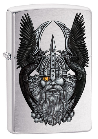 Zippo Feuerzeug Frontansicht 3/4 Winkel Chrome gebürstet mit Göttervater Odin Kopf