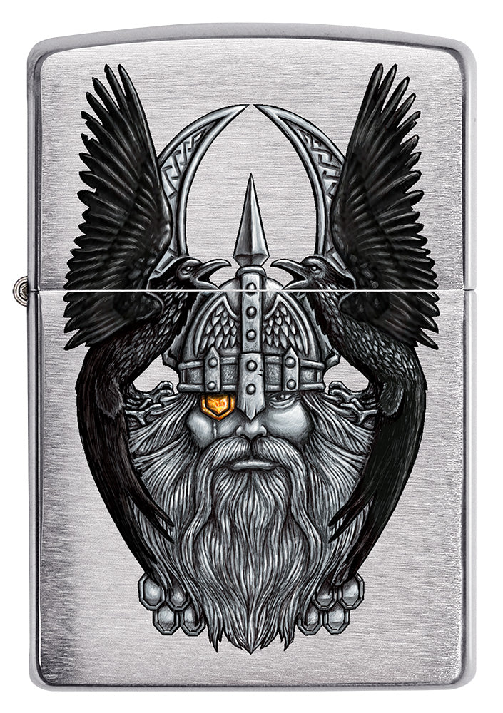 Frontansicht Zippo Feuerzeug Chrome gebürstet mit Göttervater Odin Kopf