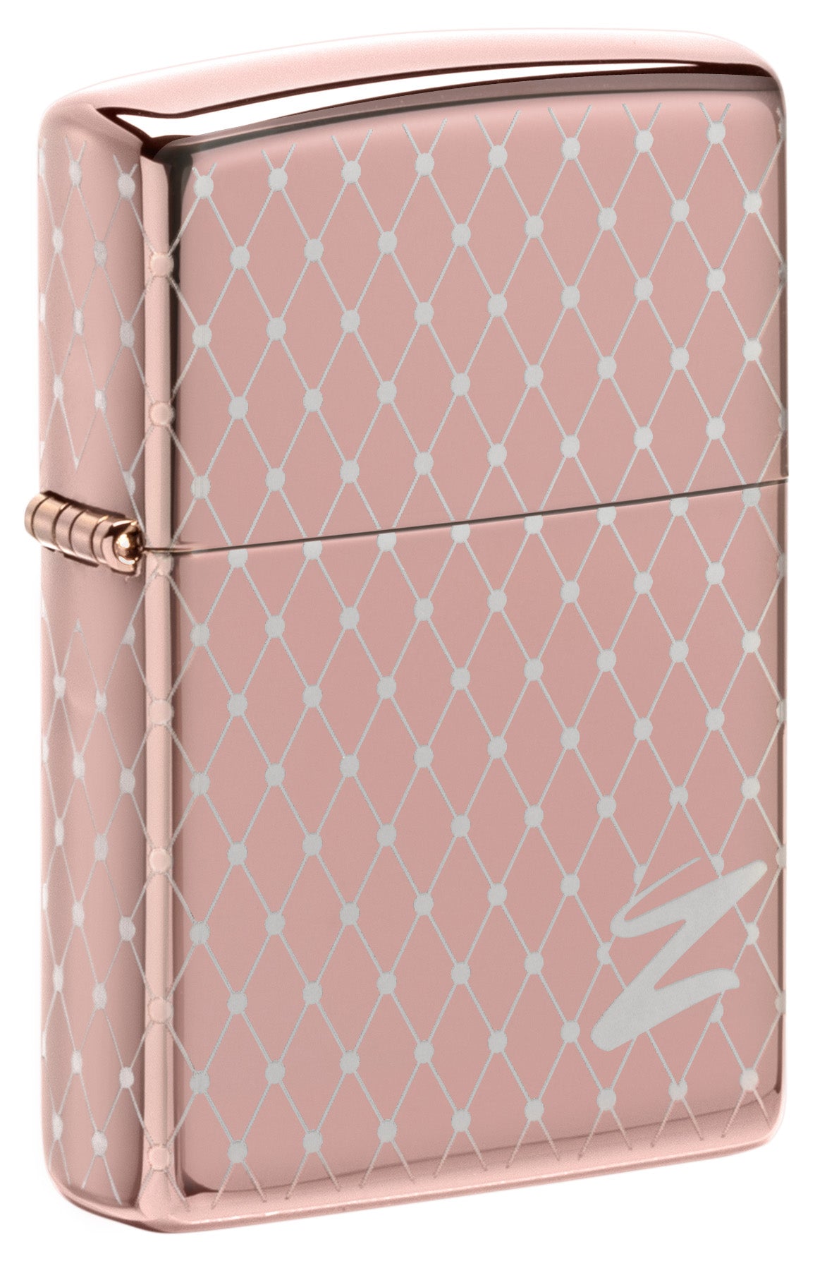 Frontansicht 3/4 Winkel Zippo Feuerzeug 360 Grad Lasergravur Rose Gold Netz-Design mit Zippo Logo Online Only