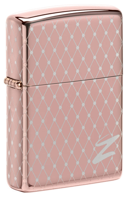 Frontansicht 3/4 Winkel Zippo Feuerzeug 360 Grad Lasergravur Rose Gold Netz-Design mit Zippo Logo Online Only