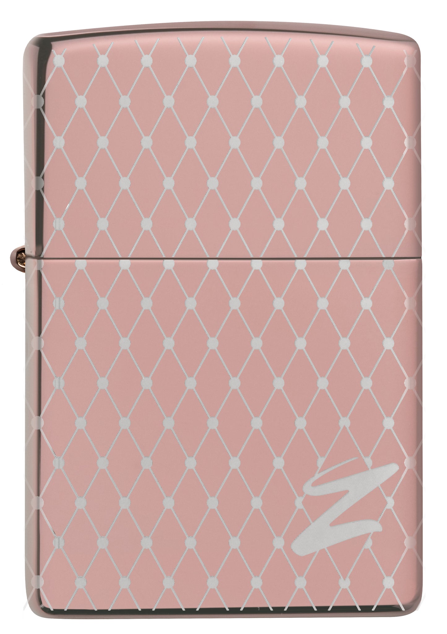 Frontansicht Zippo Feuerzeug 360 Grad Lasergravur Rose Gold Netz-Design mit Zippo Logo Online Only