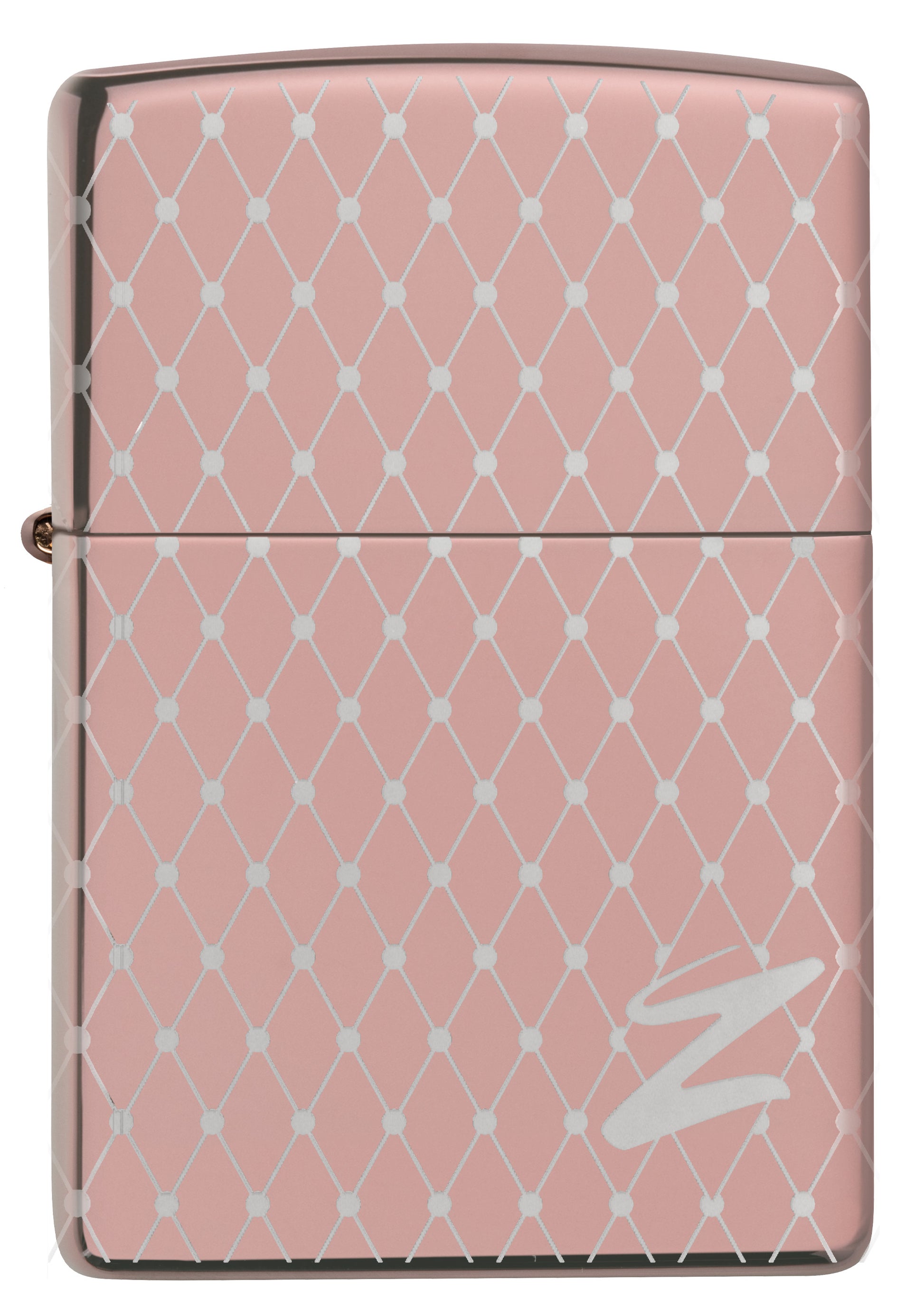 Frontansicht Zippo Feuerzeug 360 Grad Lasergravur Rose Gold Netz-Design mit Zippo Logo Online Only
