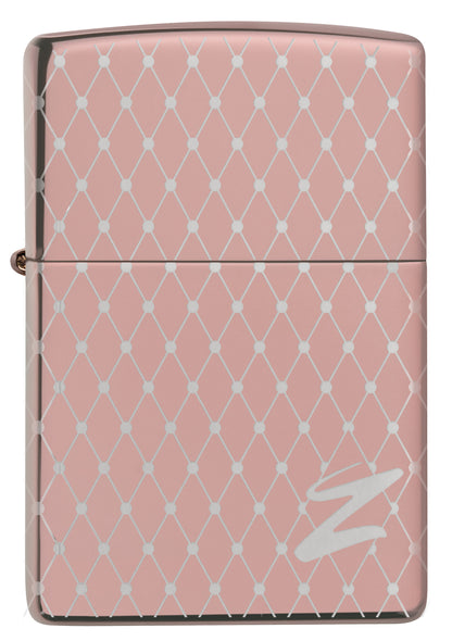 Frontansicht Zippo Feuerzeug 360 Grad Lasergravur Rose Gold Netz-Design mit Zippo Logo Online Only