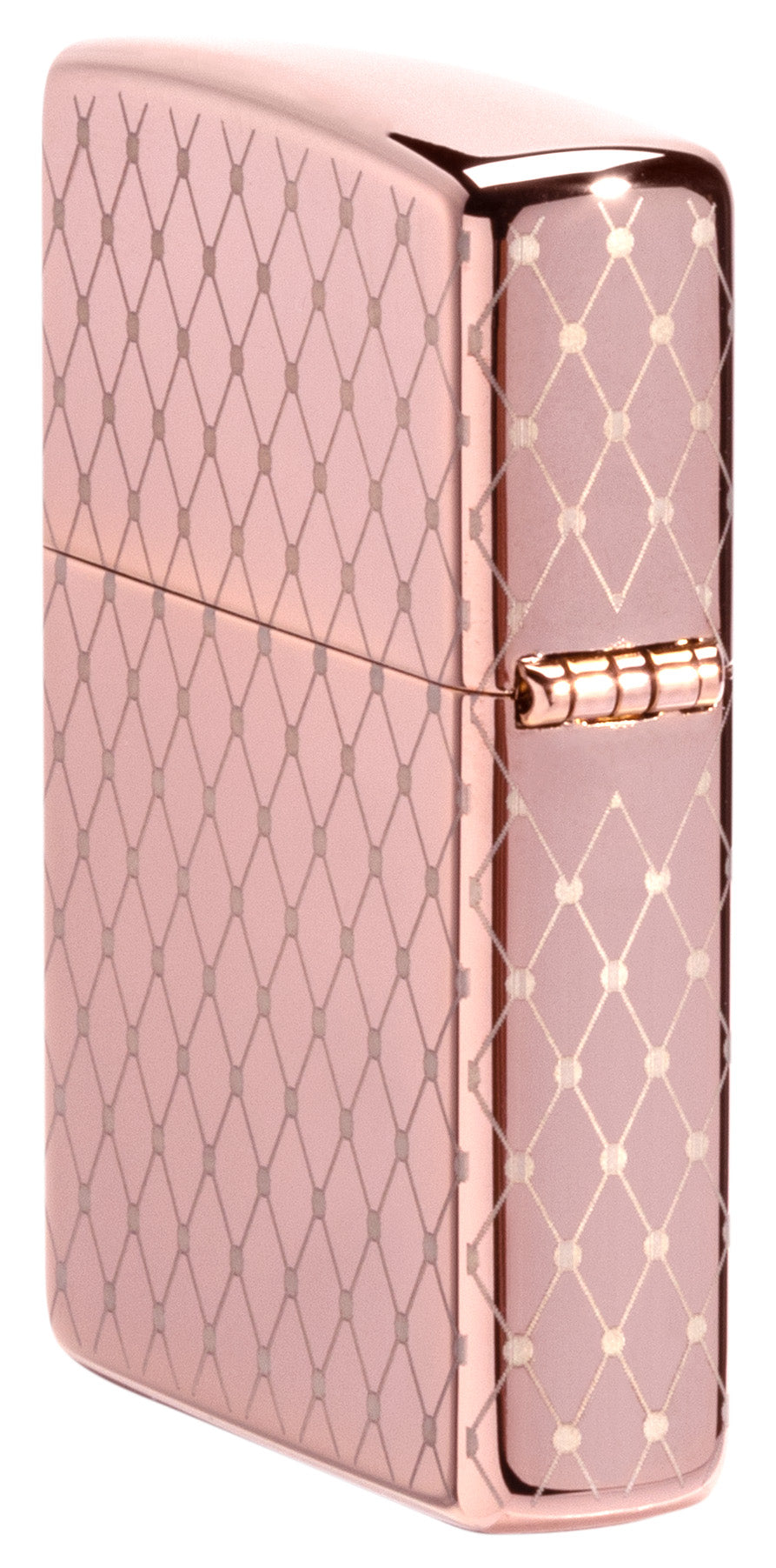 Seitenansicht hinten 3/4 Winkel Zippo Feuerzeug 360 Grad Lasergravur Rose Gold Netz-Design Online Only