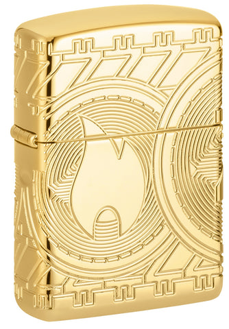 Zippo Feuerzeug Frontansicht ¾ Winkel Währung Design, das die Zippo Flamme auf einer Münze mit Bögen von Kreisen in tiefen Gravur