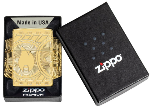 Zippo Feuerzeug Währung Design, das die Zippo Flamme auf einer Münze mit Bögen von Kreisen in tiefen Gravur in offener Geschenkbox