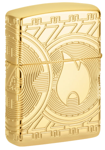 Zippo Feuerzeug Rückansicht ¾ Winkel Währung Design, das die Zippo Flamme auf einer Münze mit Bögen von Kreisen in tiefen Gravur