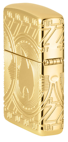 Zippo Feuerzeug Seitenansicht hinten Währung Design, das die Zippo Flamme auf einer Münze mit Bögen von Kreisen in tiefen Gravur