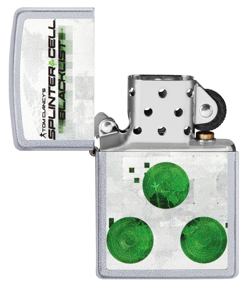 Frontansicht Zippo Feuerzeug Chrome gebürstet Tom Clancys Splinter Cell® mit Motiv geöffnet