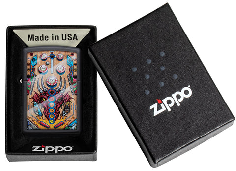  Zippo Feuerzeug Pinball Flipper Design mit Drachenkopf in geöffneter Geschenkbox
