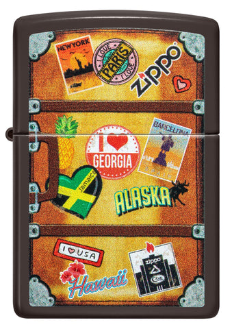 Zippo Feuerzeug Frontansicht braun, die einen Koffer mit verschiedenen Städteaufklebern, wie Paris, Hawaii, Barcelona, New York
