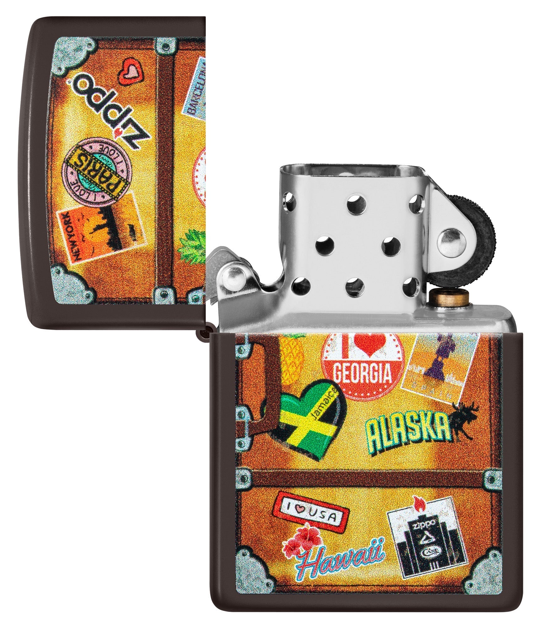 Zippo Feuerzeug Frontansicht braun, die einen Koffer mit verschiedenen Städteaufklebern, wie Paris, Hawaii, Barcelona, New York geöffnet ohne Flamme