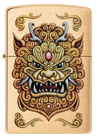 Vorderansicht des winddichten Zippo Feuerzeugs Foo Dog Design, das einen kaiserlichen goldenen Löwen im Stil der chinesischen Kunst zeigt.
