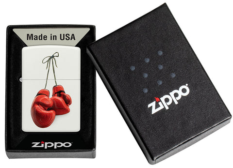 Zippo Feuerzeug weiß mit roten Boxhandschuhen in schwarzer Geschenkbox