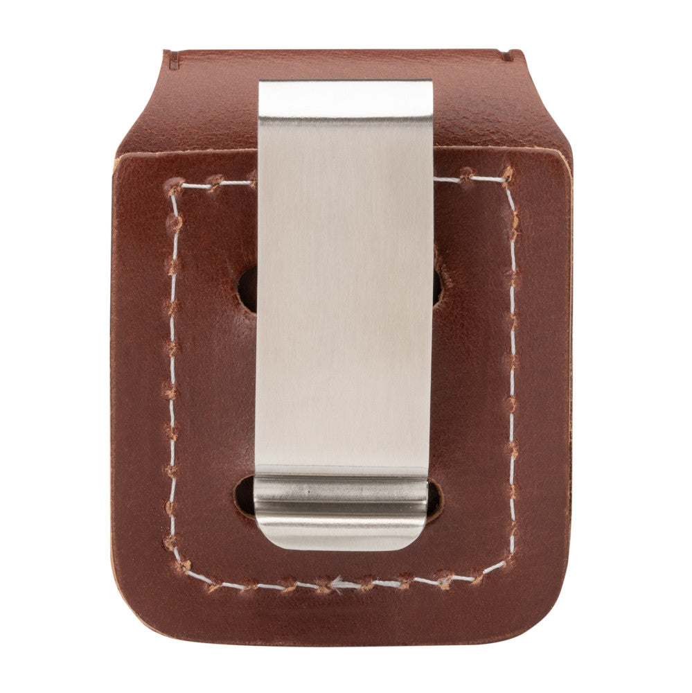 Rückansicht Zippo Lederpouch braun mit Metallclip