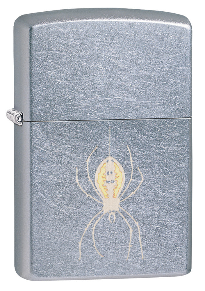 Frontansicht 3/4 Winkel Zippo Feuerzeug chrom mit Spinne an Faden