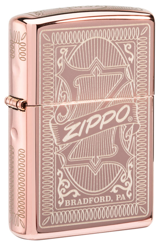 Frontansicht 3/4 Winkel Zippo Feuerzeug Streichholzschachtel mit Logo Rose Gold