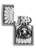 Zippo Feuerzeug Frontansicht ¾ Winkel gebürstetes Chrom geöffnet mit sitzendem silberfarbenen Buddha Emblem