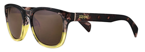 Zippo Sonnenbrille Frontansicht ¾ Winkel mit eckigem Rahmen in braun marmoriert und gelbem Abschnitt im Gestell
