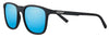 Zippo Sonnenbrille Frontansicht ¾ Winkel mit hellblauen Gläsern und schmalem eckigem Rahmen in schwarz mit weißem Zippo Logo