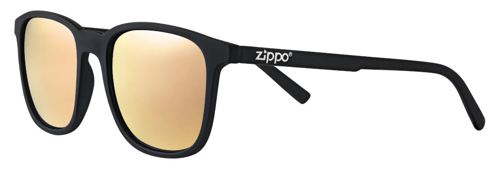 Zippo Sonnenbrille Frontansicht ¾ Winkel mit Rose goldfarbenen Gläsern und schmalem eckigem Rahmen in schwarz mit weißem Zippo Logo