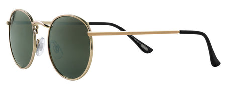 Zippo Sonnenbrille Frontansicht ¾ Winkel mit runden Gläsern und dünnem Metallrahmen in goldfarben mit schwarzer Endkappe