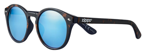 Zippo Sonnenbrille Frontansicht ¾ Winkel mit runden Gläsern und breiten Brillenbügeln in verschiedenen Brauntönen mit weißem Zippo Logo