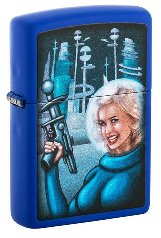 Frontansicht 3/4 Winkel Zippo Feuerzeug Retro Futuristic Royal Blau Pinup Frau mit Strahlenpistole Web Debut